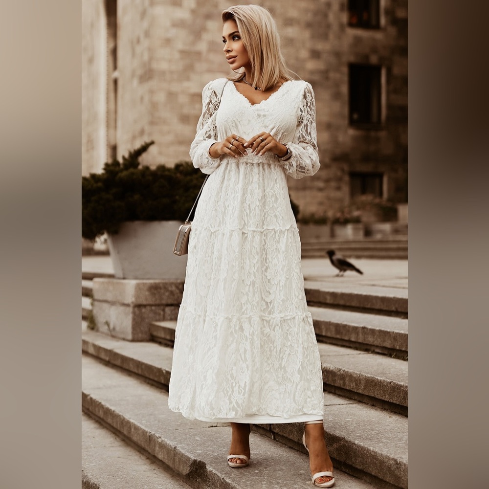 Puff Sleeve Tie-Back Lace Surplice Dress